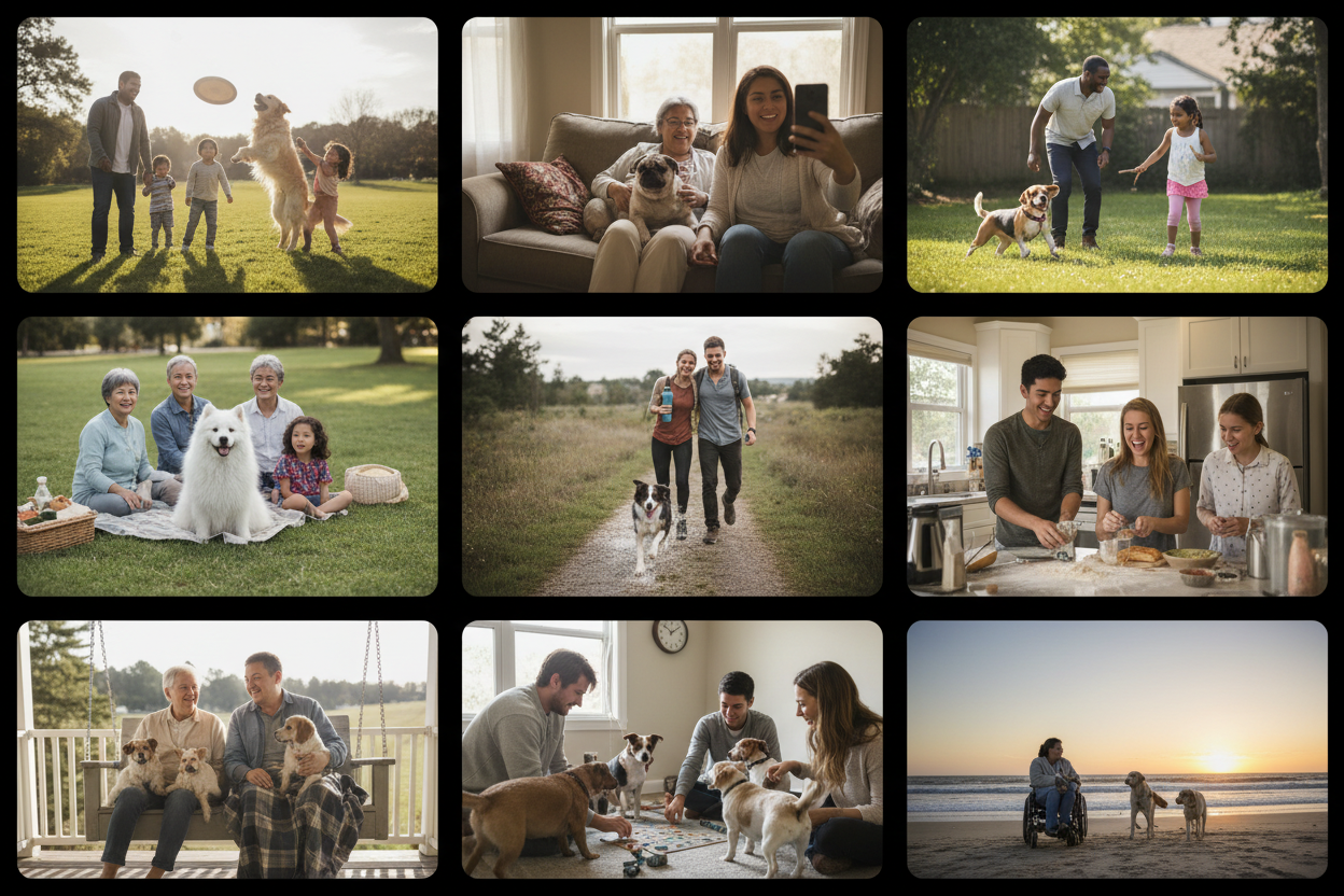 Grid view. Lot of family with dogs. Natural photos with iphone. Look like an UGC.